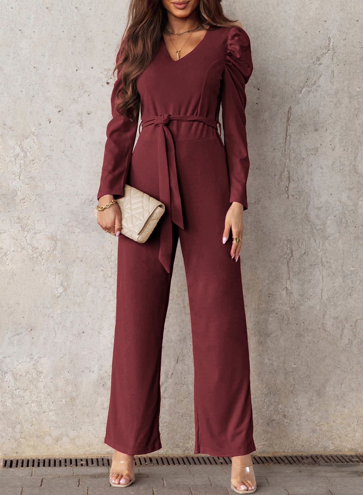 Refined Grace Belted Long Puff Sleeve V-Neck Jumpsuit - Kalizeh