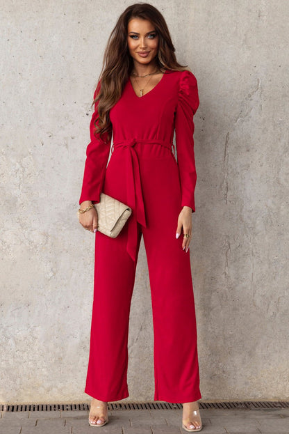 Refined Grace Belted Long Puff Sleeve V-Neck Jumpsuit - Kalizeh