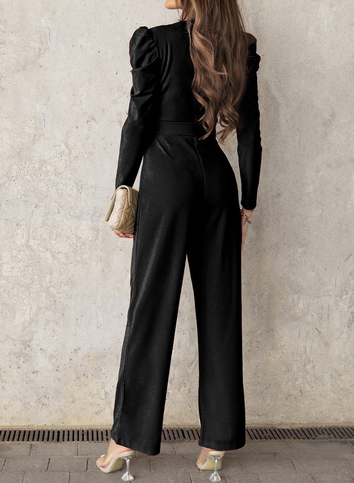 Refined Grace Belted Long Puff Sleeve V-Neck Jumpsuit - Kalizeh