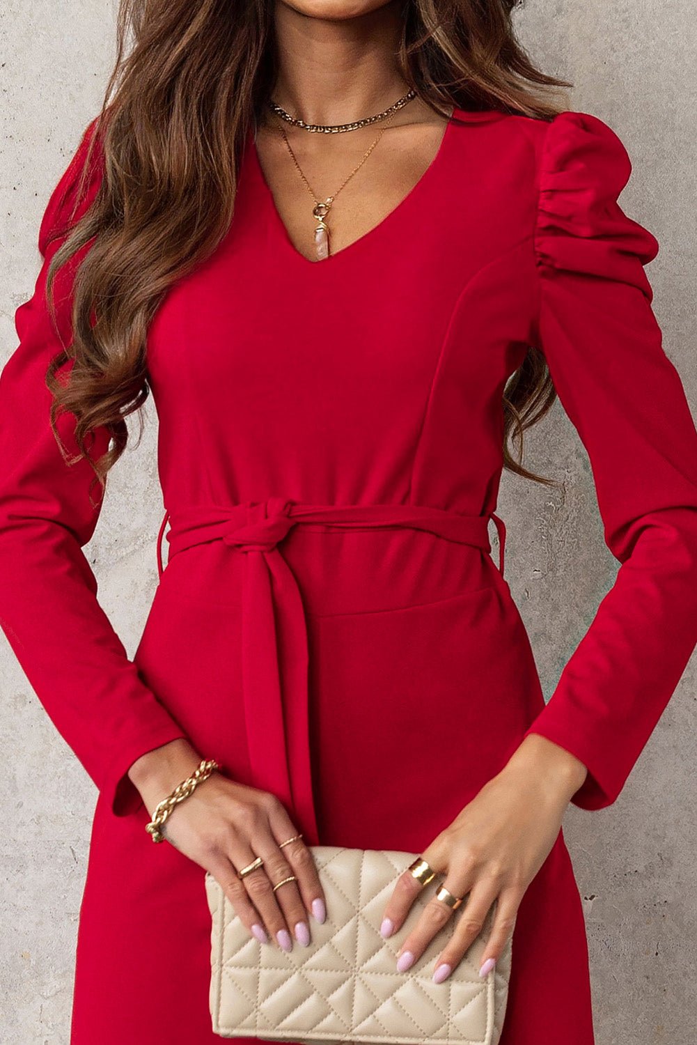 Refined Grace Belted Long Puff Sleeve V-Neck Jumpsuit - Kalizeh