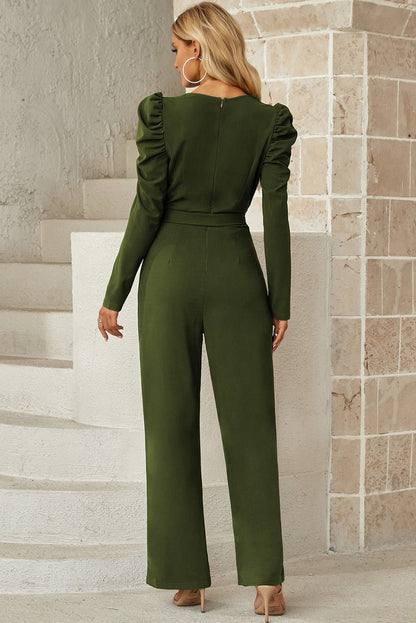 Refined Grace Belted Long Puff Sleeve V-Neck Jumpsuit - Kalizeh