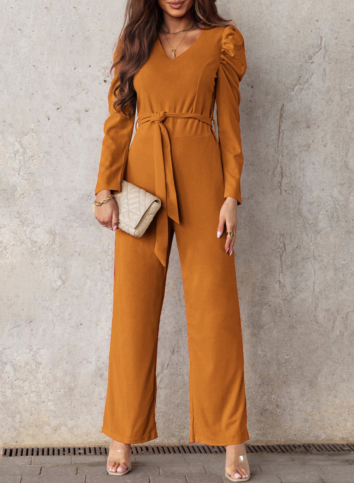 Refined Grace Belted Long Puff Sleeve V-Neck Jumpsuit - Kalizeh