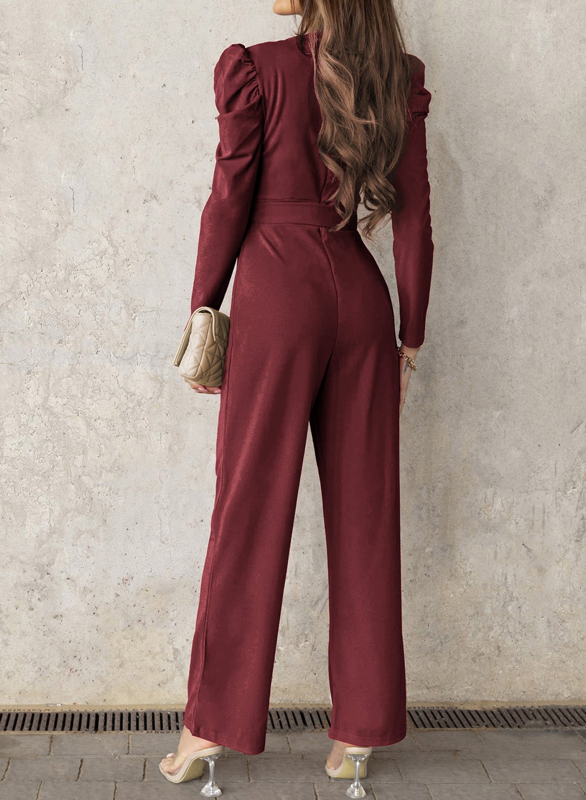 Refined Grace Belted Long Puff Sleeve V-Neck Jumpsuit - Kalizeh