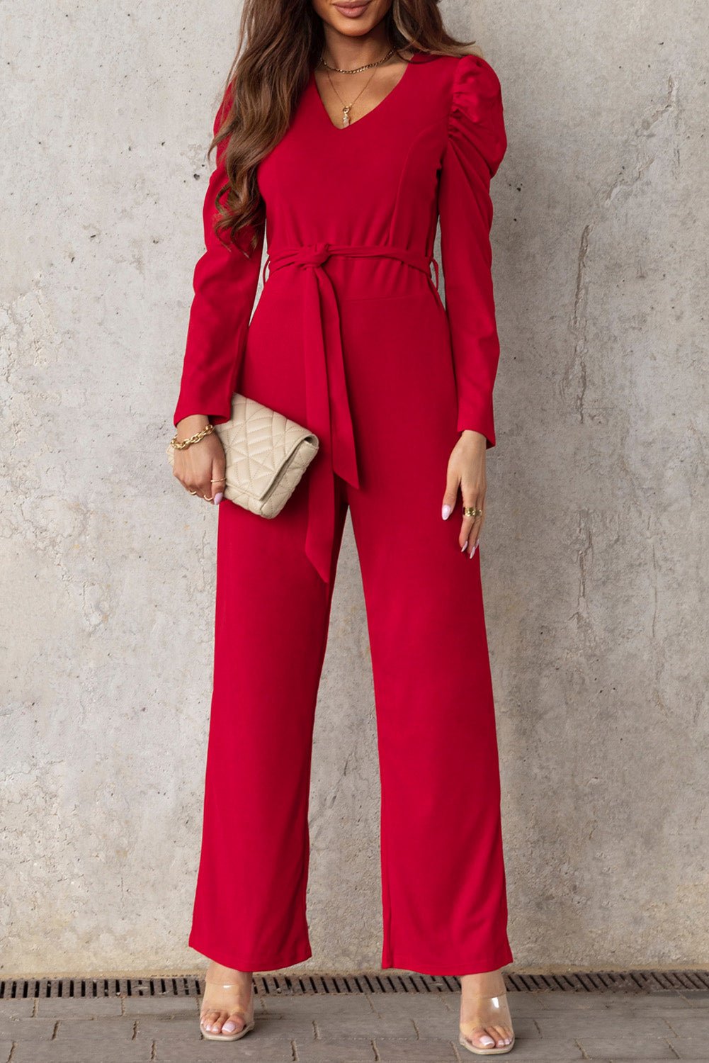 Refined Grace Belted Long Puff Sleeve V-Neck Jumpsuit - Kalizeh