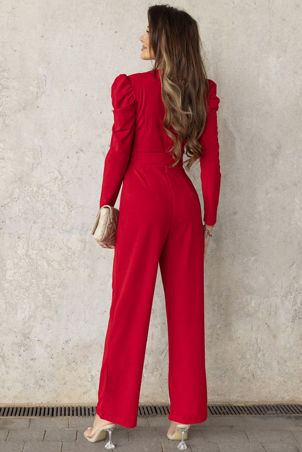 Refined Grace Belted Long Puff Sleeve V-Neck Jumpsuit - Kalizeh