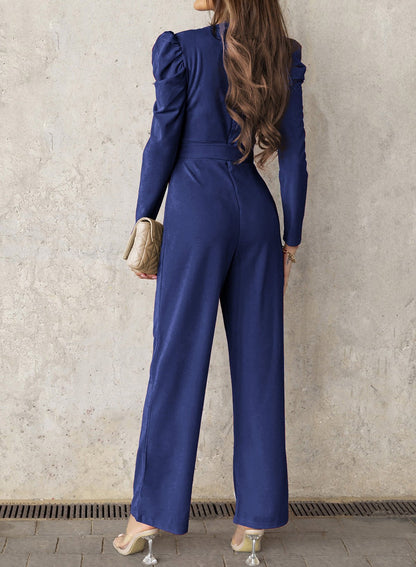 Refined Grace Belted Long Puff Sleeve V-Neck Jumpsuit - Kalizeh