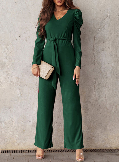 Refined Grace Belted Long Puff Sleeve V-Neck Jumpsuit - Kalizeh