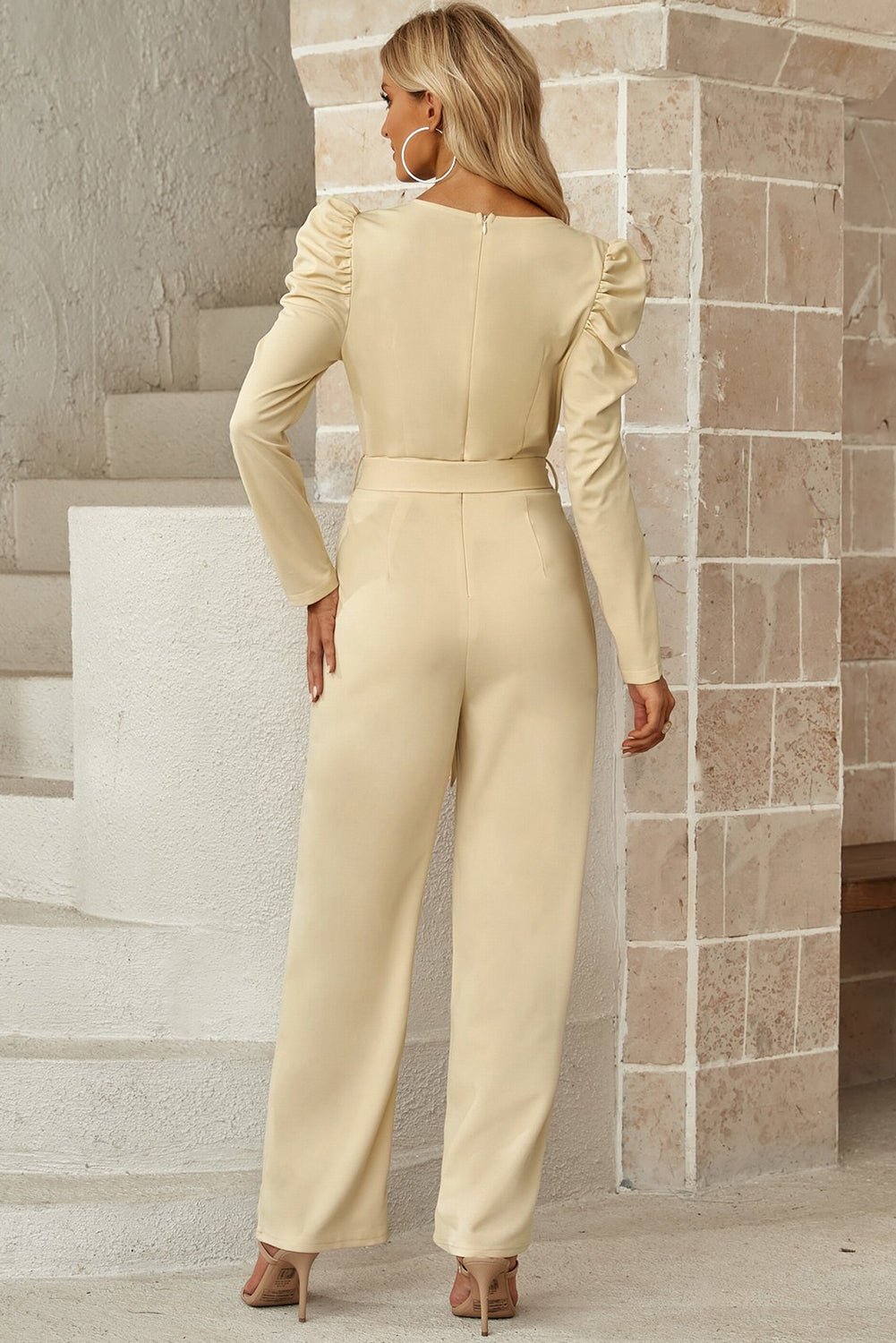 Refined Grace Belted Long Puff Sleeve V-Neck Jumpsuit - Kalizeh