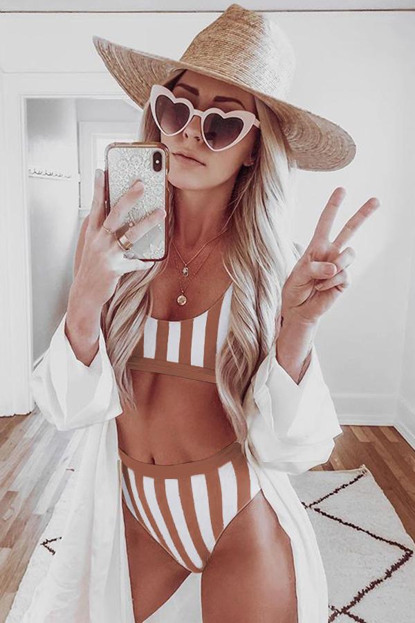 Retro Striped Tank High Waist Bikini Set - Kalizeh