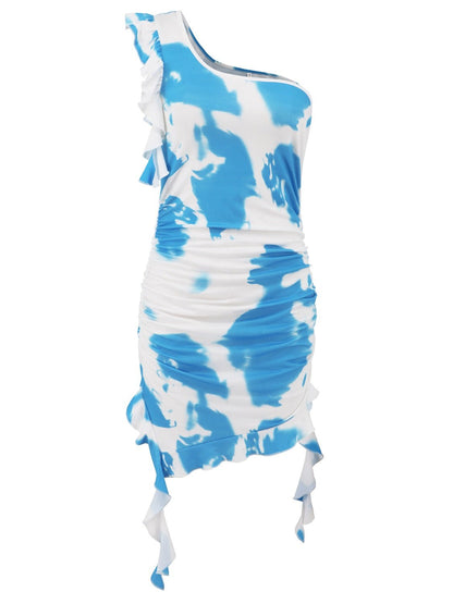 Ruffled Tie - Dye Single Shoulder Mini Dress - Kalizeh