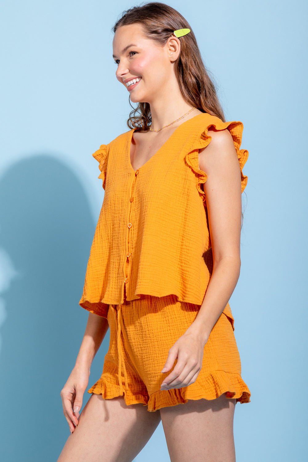 Ruffled V-Neck Cap Sleeve and Shorts Set - Kalizeh