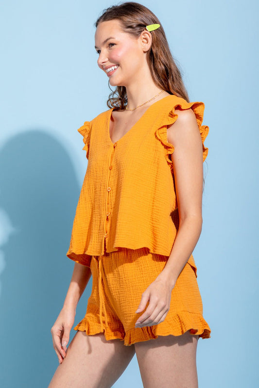 Ruffled V-Neck Cap Sleeve and Shorts Set - Kalizeh