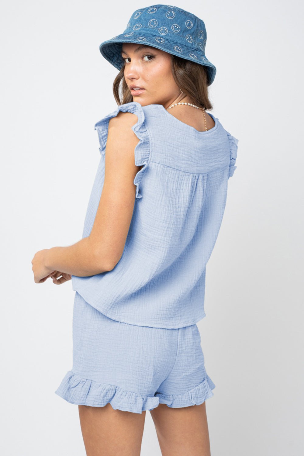 Ruffled V-Neck Cap Sleeve and Shorts Set - Kalizeh