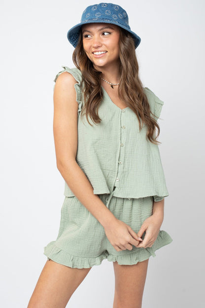 Ruffled V-Neck Cap Sleeve and Shorts Set - Kalizeh