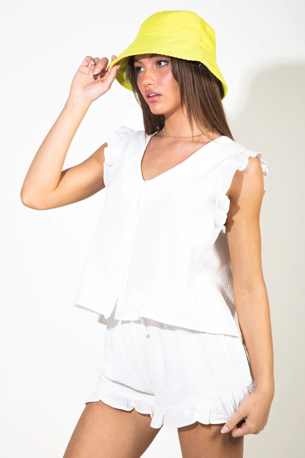 Ruffled V-Neck Cap Sleeve and Shorts Set - Kalizeh