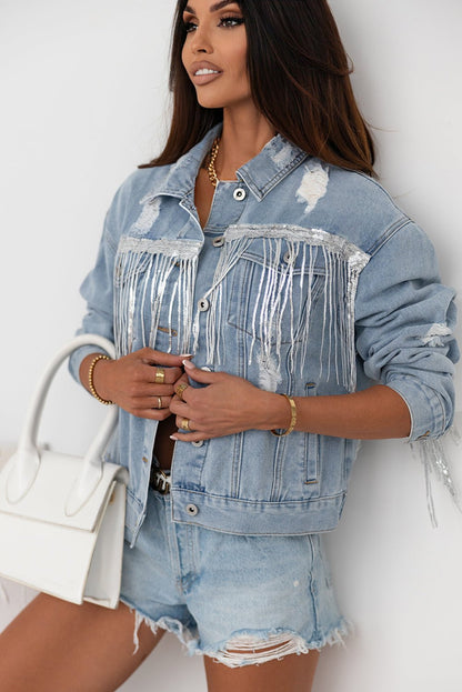 Sequin Fringe Trim Distressed Denim Jacket - Kalizeh