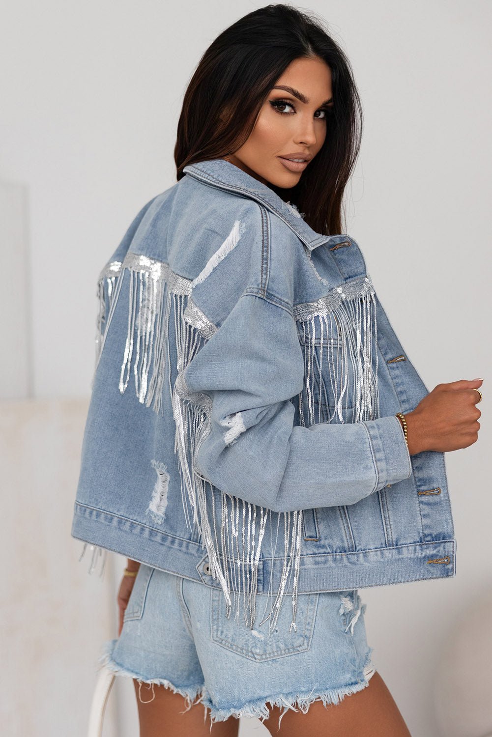 Sequin Fringe Trim Distressed Denim Jacket - Kalizeh