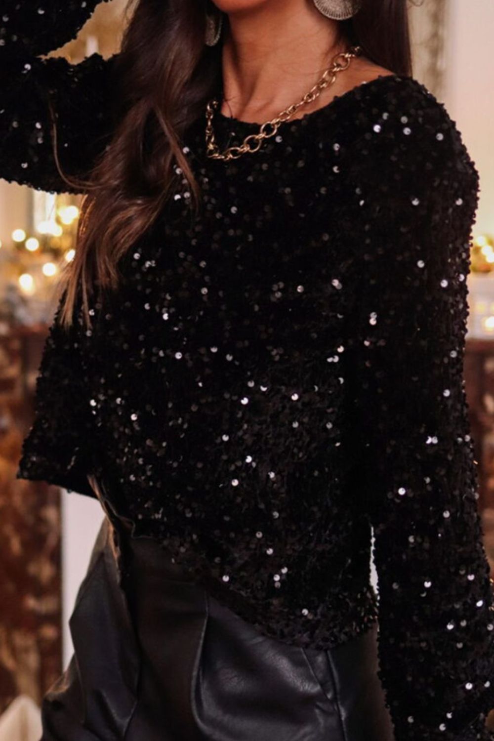 Sequin Round Neck Long Sleeve Blouse - Kalizeh