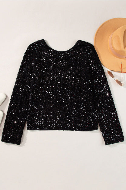 Sequin Round Neck Long Sleeve Blouse - Kalizeh