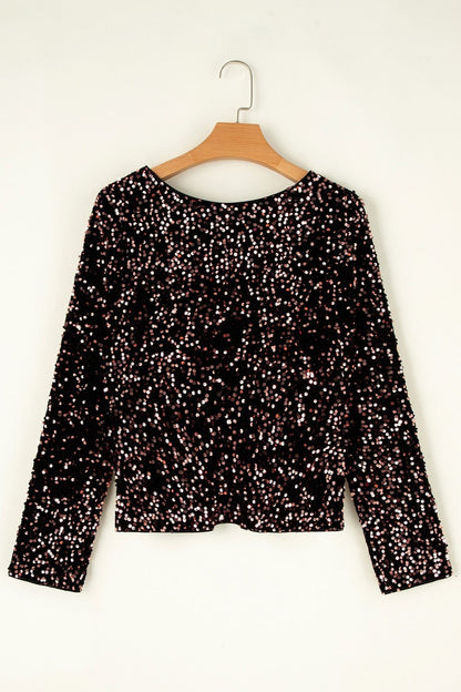 Sequin Round Neck Long Sleeve Blouse - Kalizeh