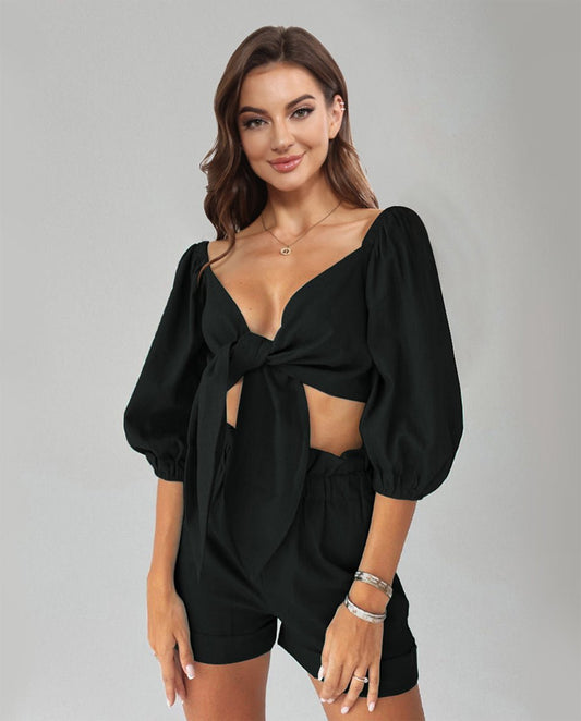 Sexy Cutout Puff Sleeve Top and Shorts Set - Kalizeh