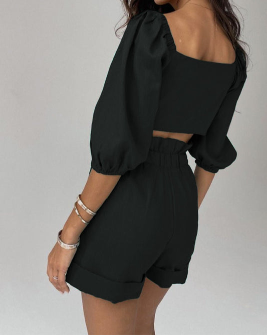 Sexy Cutout Puff Sleeve Top and Shorts Set - Kalizeh