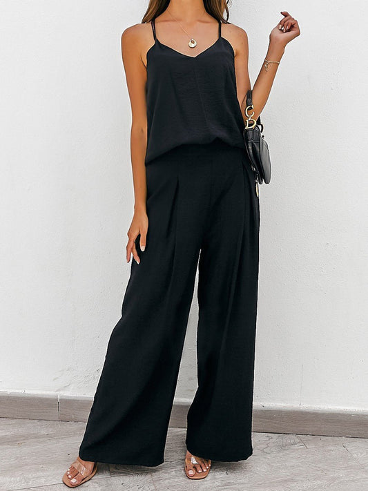 Sleek Spaghetti Strap Camisole and Wide Leg Pants Ensemble Set - Kalizeh