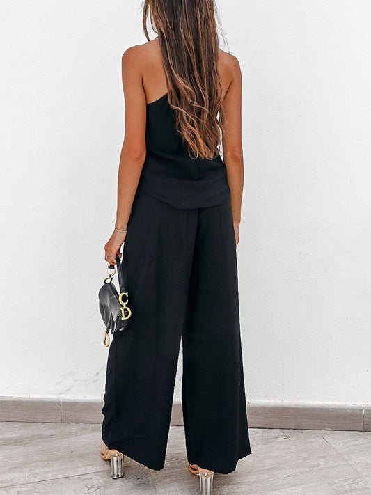 Sleek Spaghetti Strap Camisole and Wide Leg Pants Ensemble Set - Kalizeh