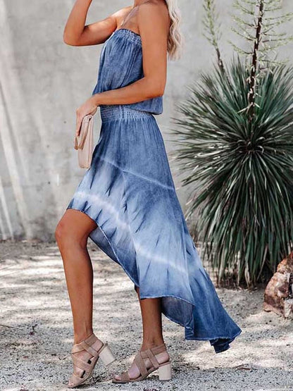 Smocked High-Low Tube Denim Dres - Kalizeh