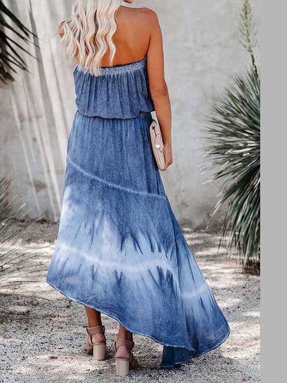 Smocked High-Low Tube Denim Dres - Kalizeh