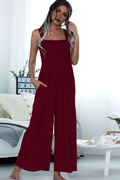 Smocked Square Neck Sleeveless Jumpsuit with Pockets - Kalizeh