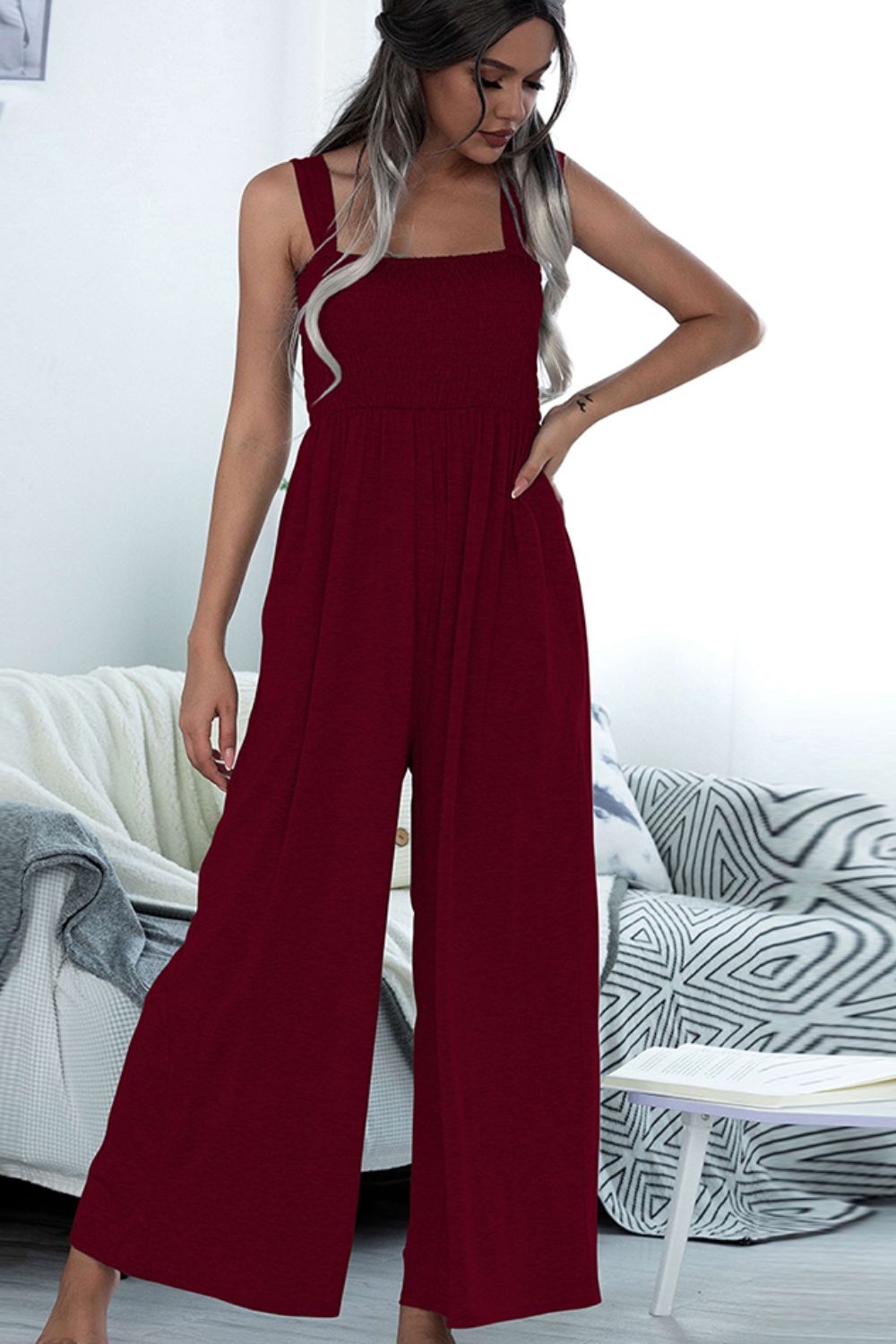 Smocked Square Neck Sleeveless Jumpsuit with Pockets - Kalizeh