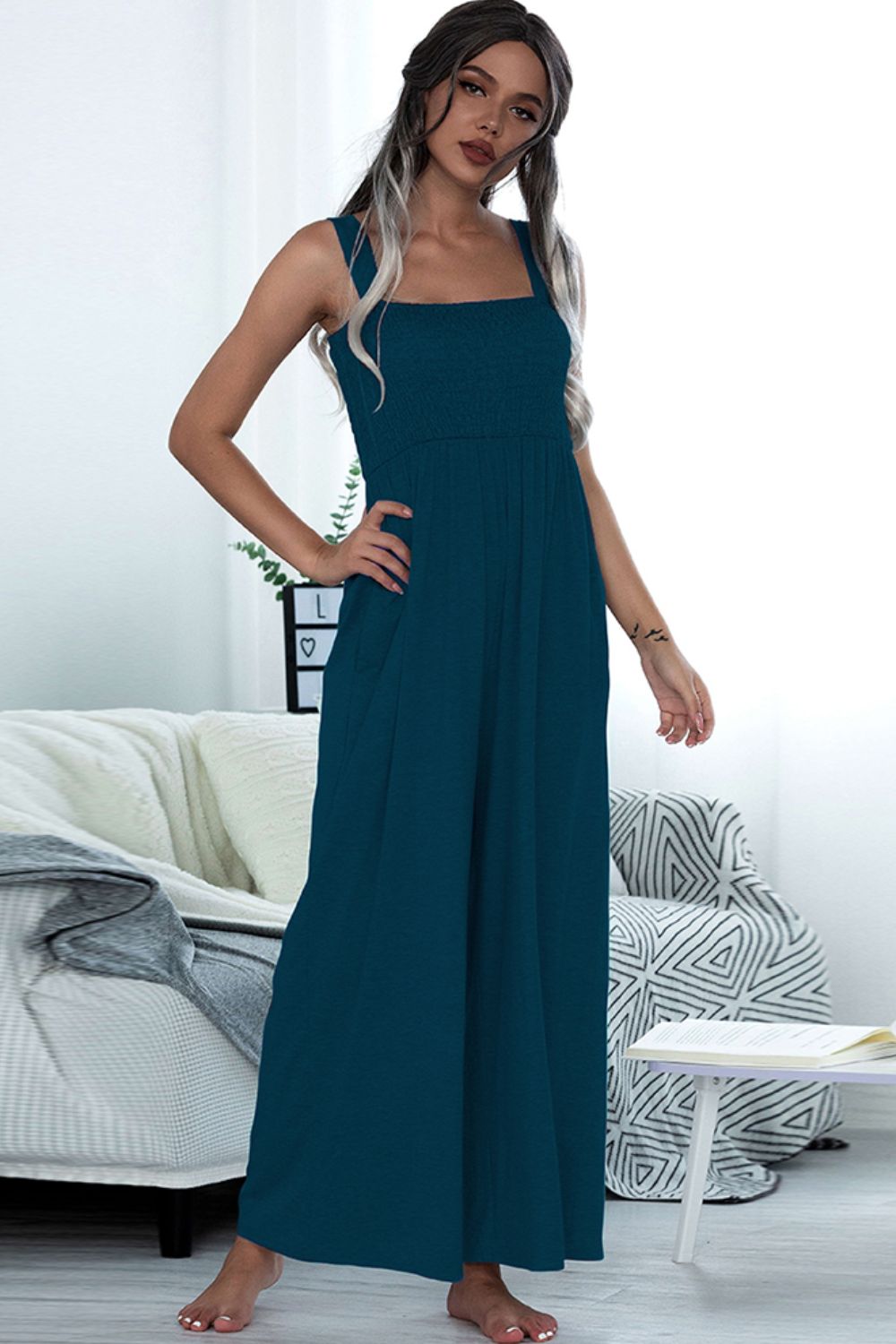 Smocked Square Neck Sleeveless Jumpsuit with Pockets - Kalizeh