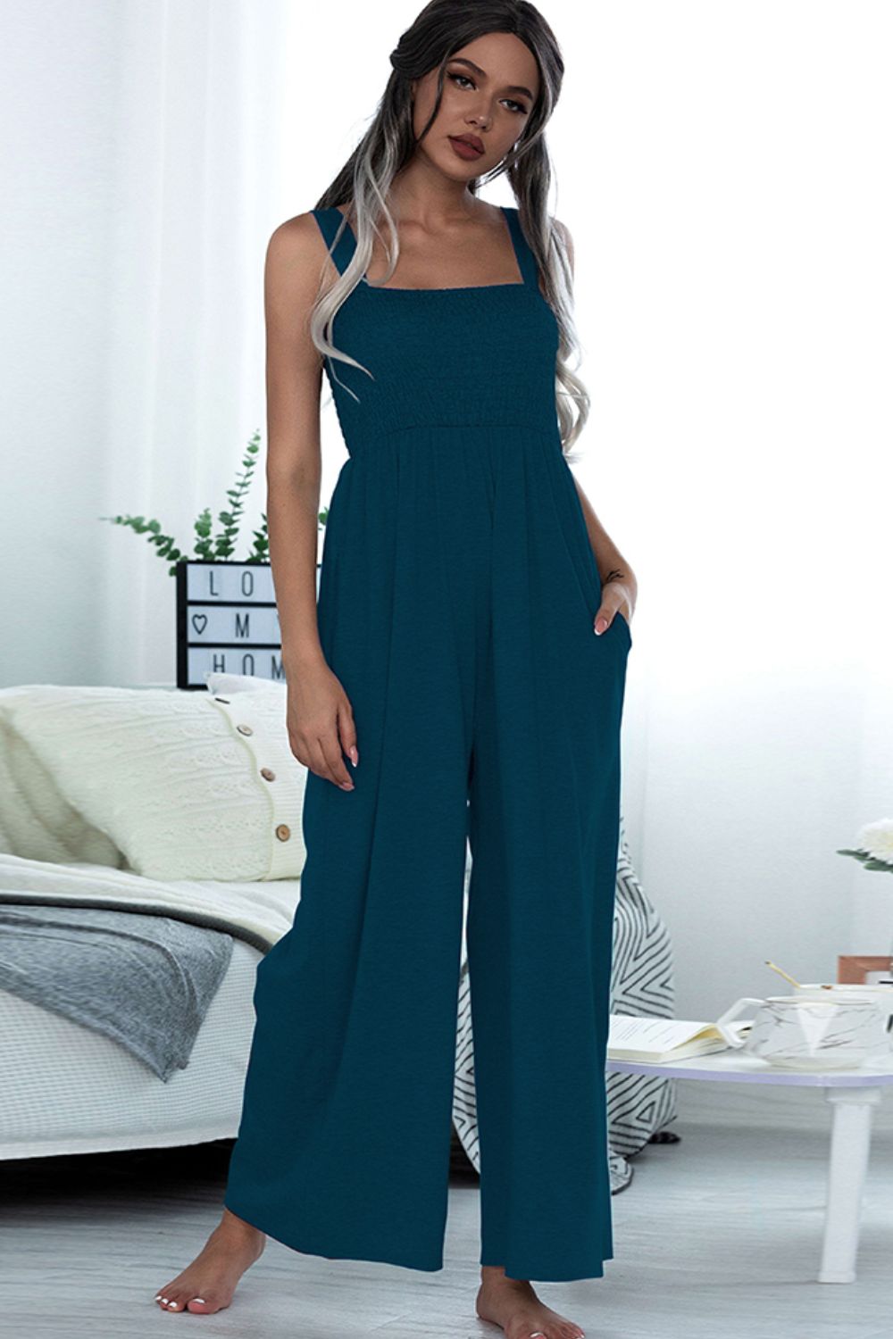 Smocked Square Neck Sleeveless Jumpsuit with Pockets - Kalizeh