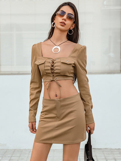 Sophisticated Lace-Up Cropped Top and Skirt Set - Kalizeh