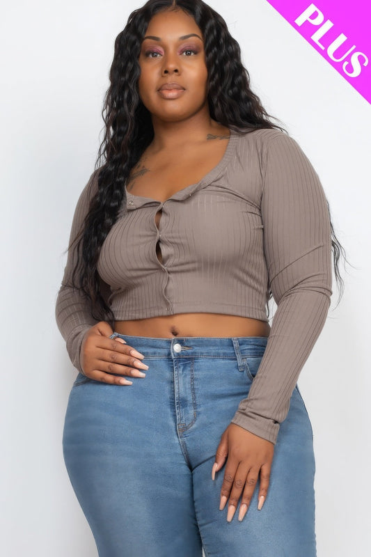 Sophisticated Taupe Plus Size Ribbed Knit Button-Up Cropped Top - Kalizeh