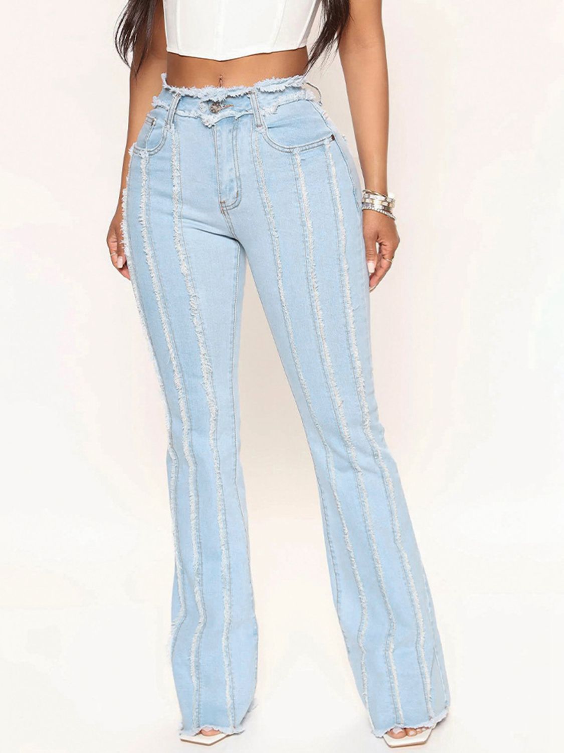 Striped Edge Raw Hem Jeans - Kalizeh