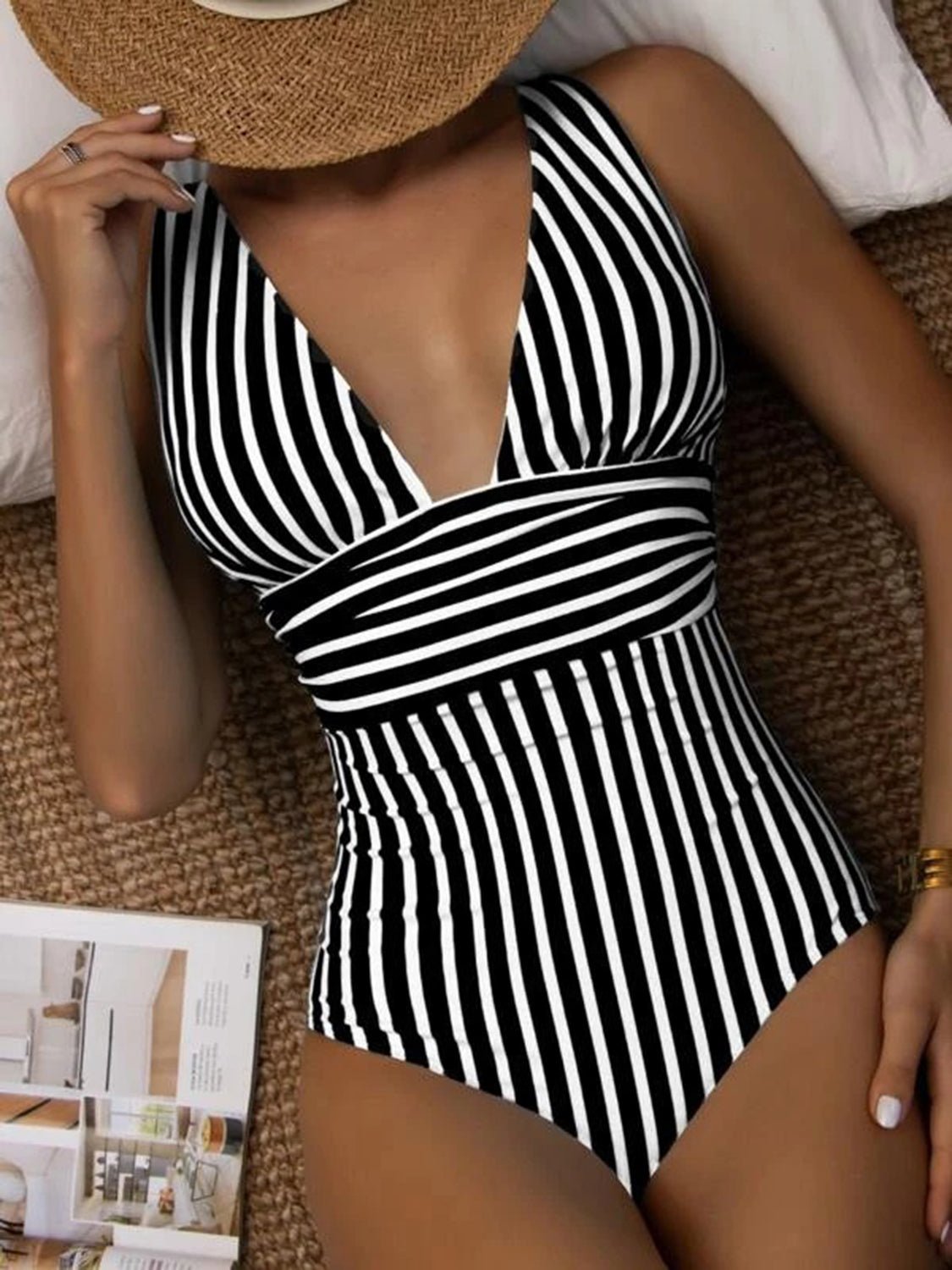 Striped Plunge Sleeveless Swimsuit - Kalizeh