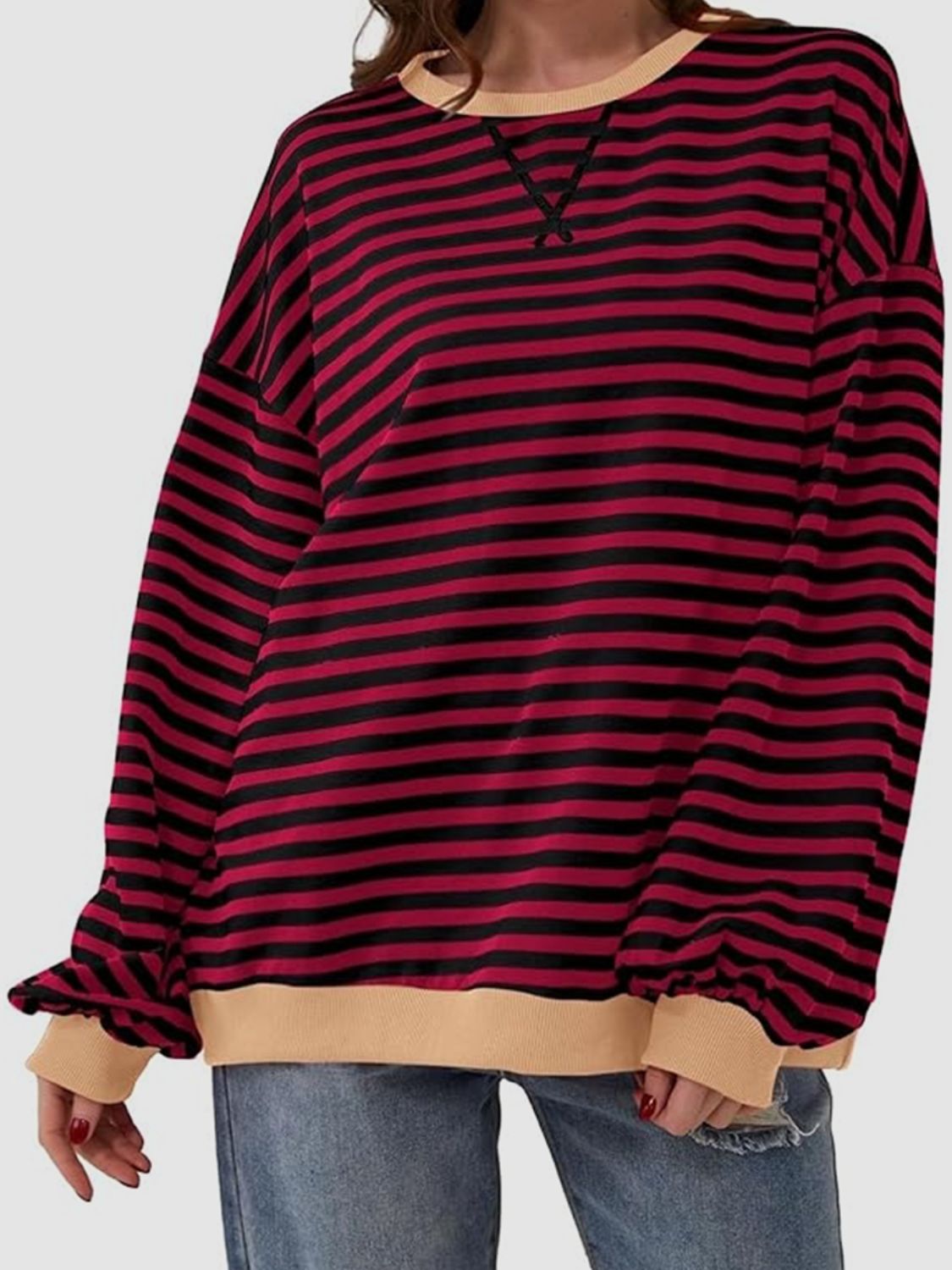 Striped Round Neck Long Sleeve T - Shirt - Kalizeh