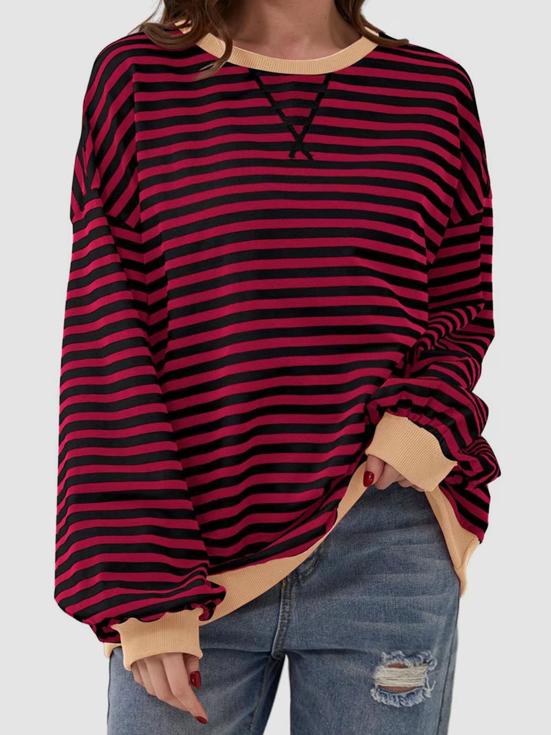 Striped Round Neck Long Sleeve T - Shirt - Kalizeh