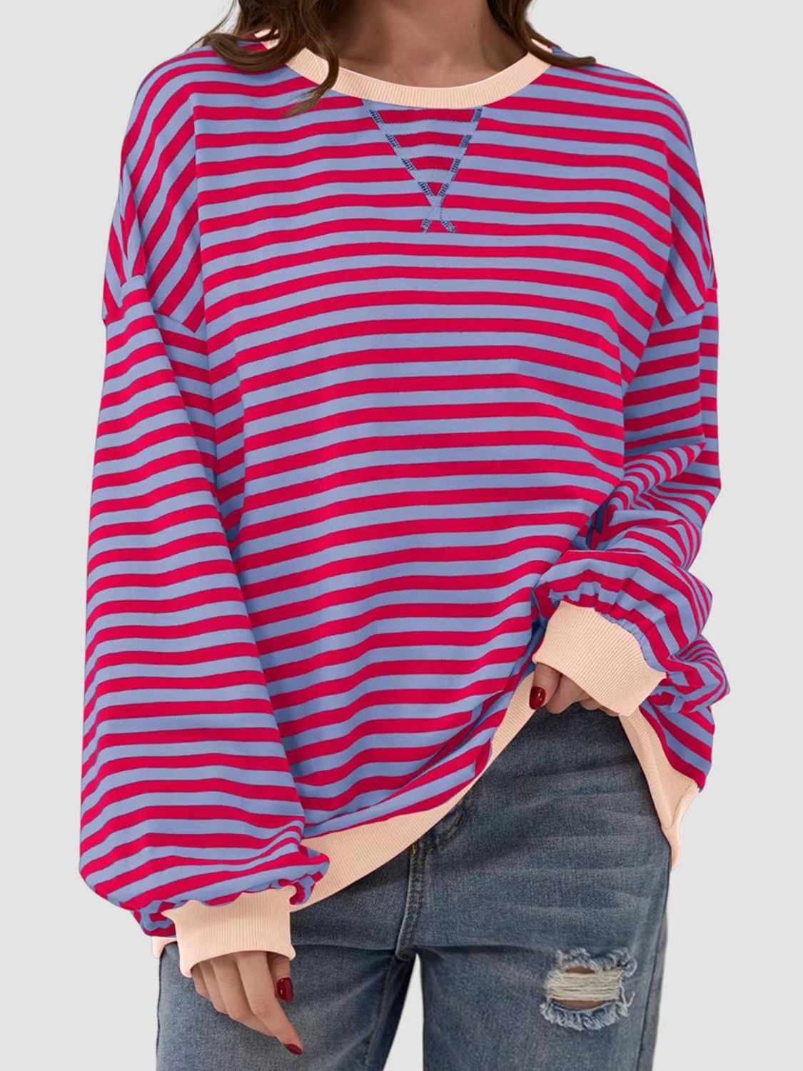 Striped Round Neck Long Sleeve T - Shirt - Kalizeh