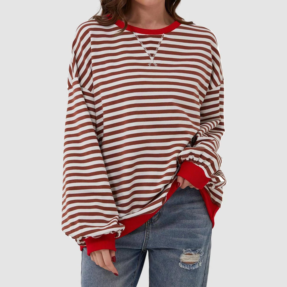 Striped Round Neck Long Sleeve T - Shirt - Kalizeh