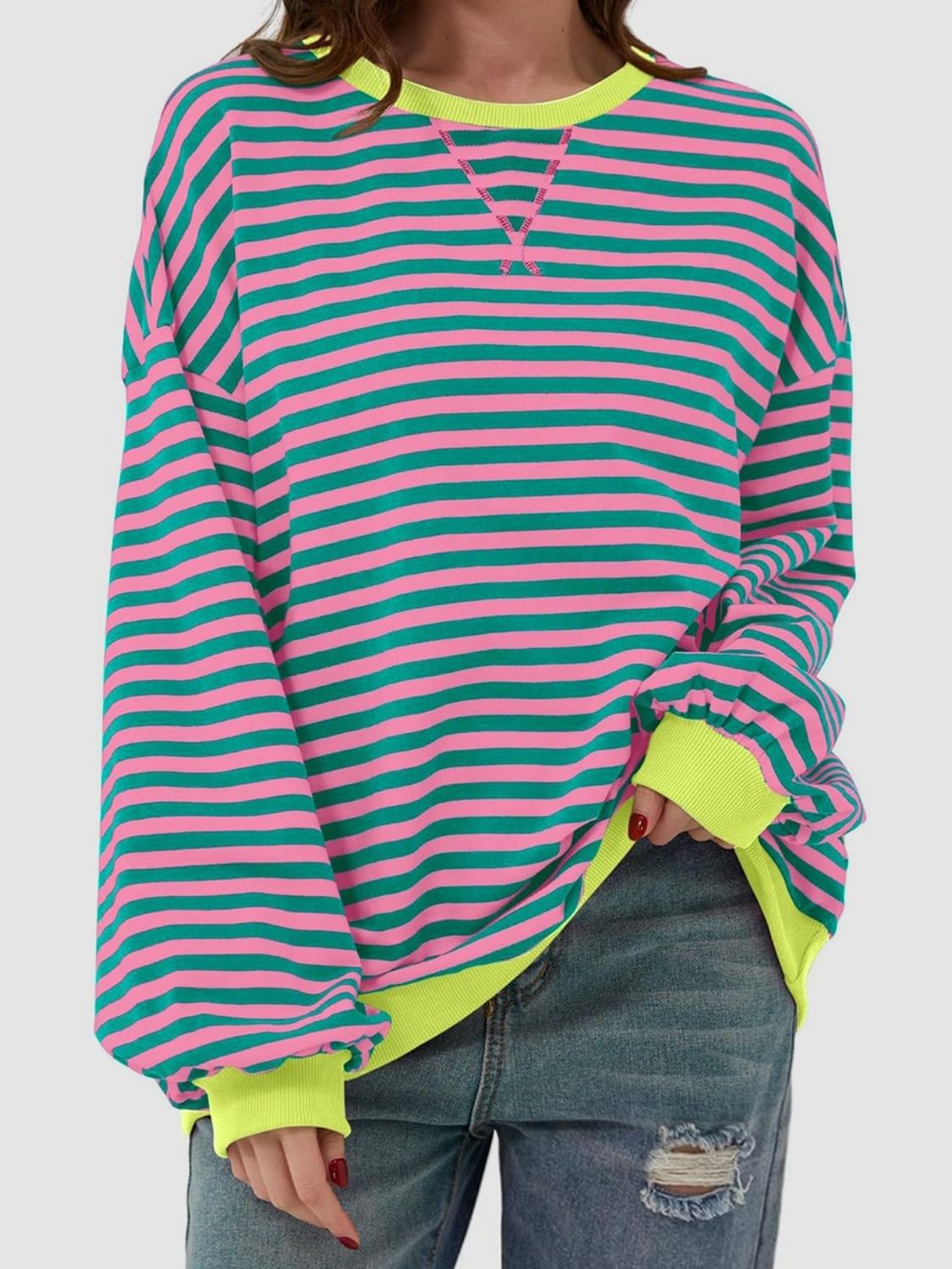 Striped Round Neck Long Sleeve T - Shirt - Kalizeh