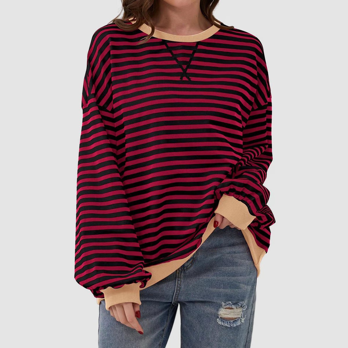 Striped Round Neck Long Sleeve T - Shirt - Kalizeh