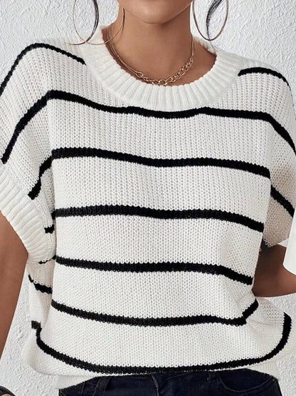 Striped Round Neck Short Sleeve Knit Top - Kalizeh