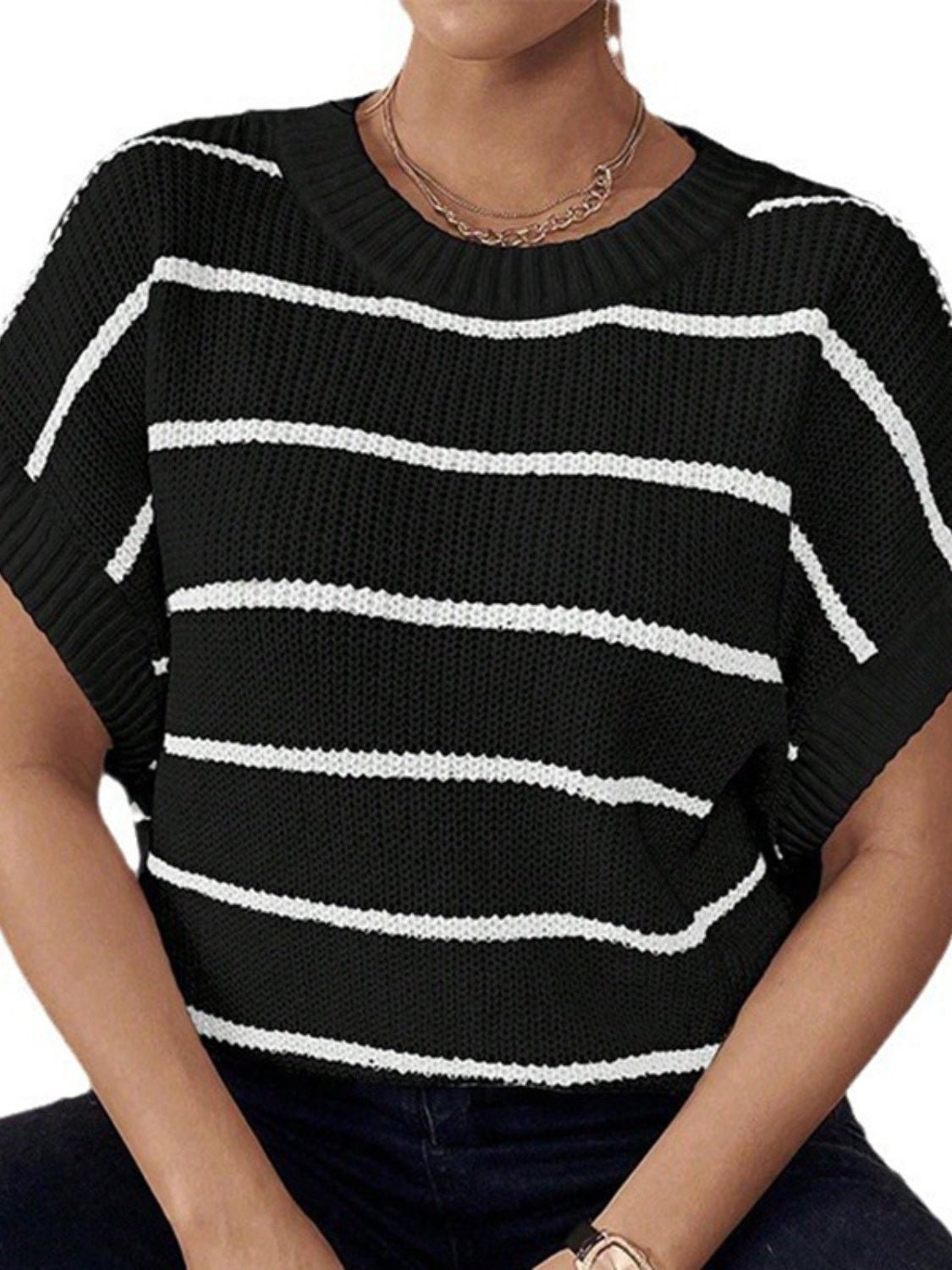 Striped Round Neck Short Sleeve Knit Top - Kalizeh