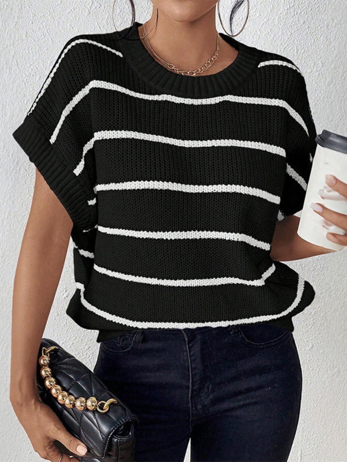 Striped Round Neck Short Sleeve Knit Top - Kalizeh