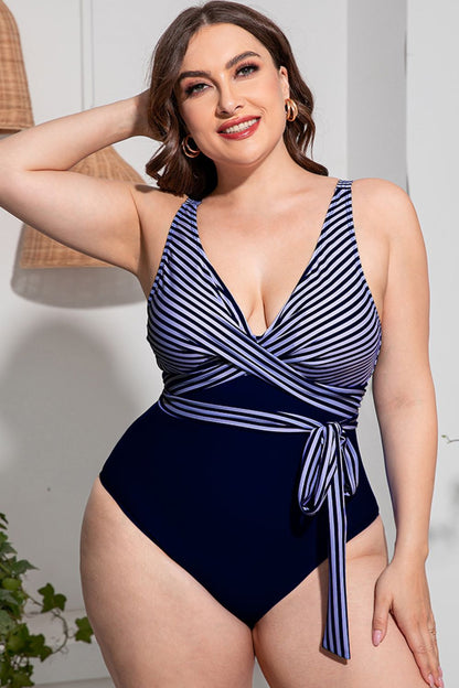 Striped Tie-Waist Plus Size One-Piece Swimsuit - Kalizeh