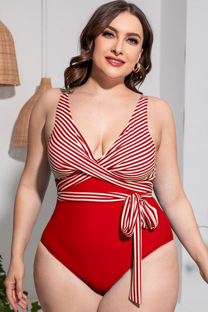 Striped Tie-Waist Plus Size One-Piece Swimsuit - Kalizeh