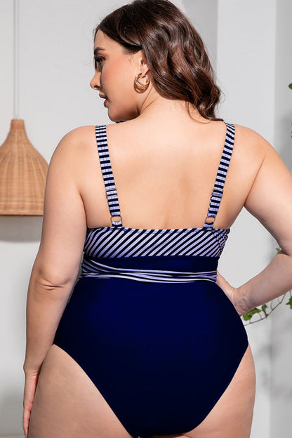 Striped Tie-Waist Plus Size One-Piece Swimsuit - Kalizeh